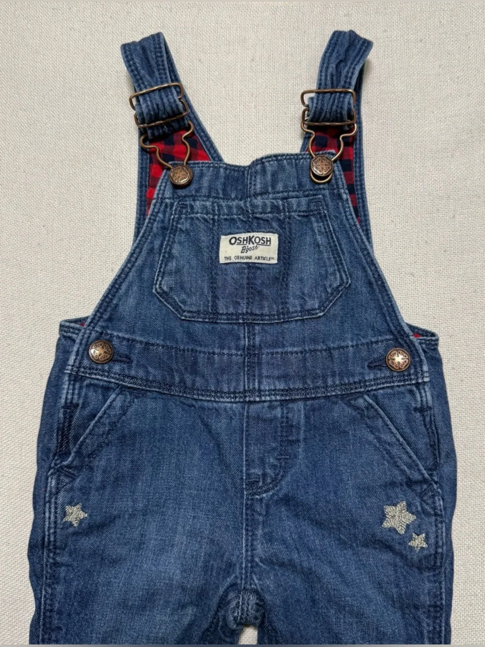 OshKosh B'gosh Plaid Flannel Lined Blue Denim Jean Overalls Star Accents Baby 9M